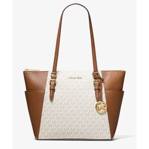 New Michael Kors Charlotte Large Shoulder Tote Signature Coated Canvas Vanilla